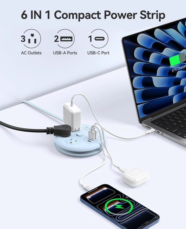 Alt view image 3 of 7 - Travel Power Strip, 4Ft Wrap-Around Extension Cord Multiple Outlets (3 Outlets, 2 USB-A Ports and 1 USB C Port, Flat Plug Charger Station for Cruise/Home/Office/Dorm
