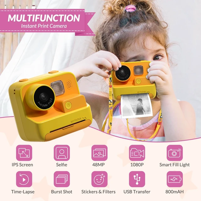 Alt view image 2 of 7 - Kids Camera Instant Print, 48MP Digital Camera with 32G Card,Orange Toys Gifts for Girls Boys Aged 3-12 for Christmas/Birthday/Holiday