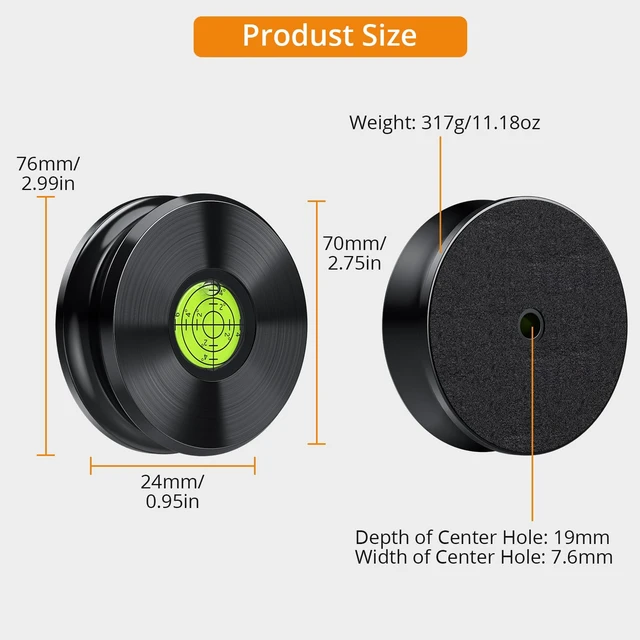 Alt view image 2 of 7 - Record Weight Stabilizer, 317g/11.18oz Record Weight, Vinyl Weight Built-in Bubble Level, Fits Under Most Protective Covers, Soft Felt Base Protects Records, Reduces Vibration for Richer