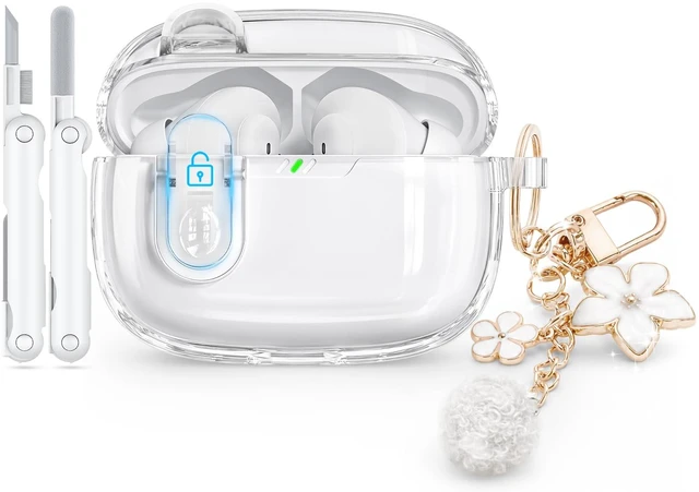 Main image of for JBL Vibe Beam 2 (2025)/JBL Vibe Beam (2023) with Safety Lock,White Soft TPU Clear Case with Cleaner Kit and Bling Keychain for JBL Vibe 200TWS (2022) for Women Girls,Shockproof Protection