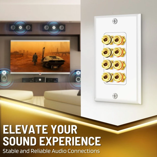 Alt view image 2 of 6 - Speaker Wall Plate for 1 Speaker, Banana Plug, Single Gang, White Speaker Wire Wall Outlet with Gold-Plated Binding Posts for Spades or Bare Wire; for Home Theater and Surround Sound Setups