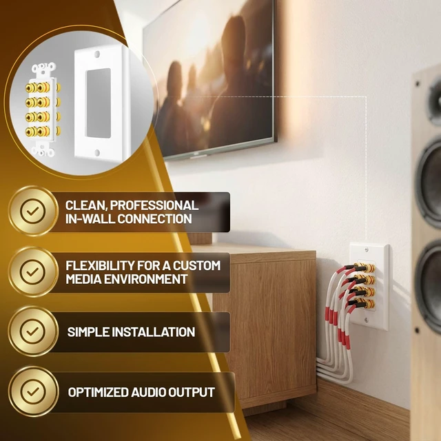 Alt view image 4 of 6 - Speaker Wall Plate for 1 Speaker, Banana Plug, Single Gang, White Speaker Wire Wall Outlet with Gold-Plated Binding Posts for Spades or Bare Wire; for Home Theater and Surround Sound Setups