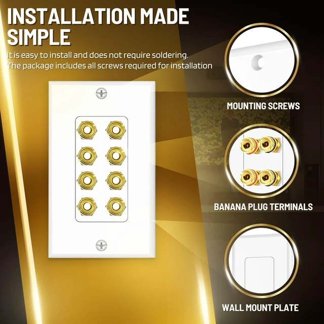 Alt view image 5 of 6 - Speaker Wall Plate for 1 Speaker, Banana Plug, Single Gang, White Speaker Wire Wall Outlet with Gold-Plated Binding Posts for Spades or Bare Wire; for Home Theater and Surround Sound Setups