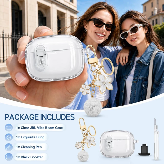 Alt view image 4 of 7 - for JBL Vibe Beam 2 (2025)/JBL Vibe Beam (2023) with Safety Lock,White Soft TPU Clear Case with Cleaner Kit and Bling Keychain for JBL Vibe 200TWS (2022) for Women Girls,Shockproof Protection