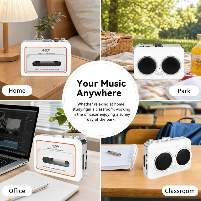 Alt view image 5 of 7 - Cassette Player Recorder, Portable Cassette Tape Player with Built-in Dual Speakers, Auto Reverse, Cassette to MP3 Converter,Rewind Stereo Cassette White