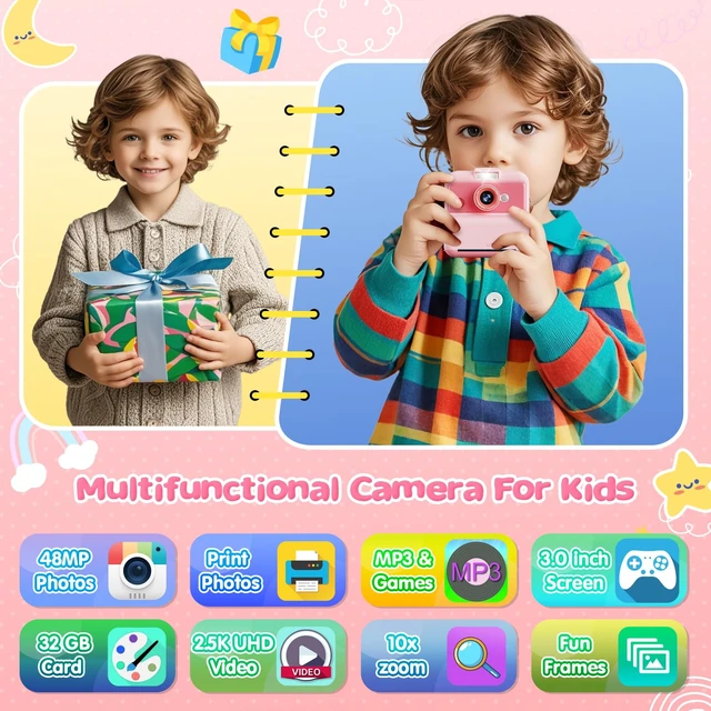 Alt view image 2 of 7 - Kids Camera Instant Print, 3.0'' Screen 48MP Kids Digital Camera Includes 32GB Card & 3 Rolls Print Paper, 7 Print Densities, Christmas Birthday Gifts for Children 3 4 5 6 7 8 9 10 Years Old