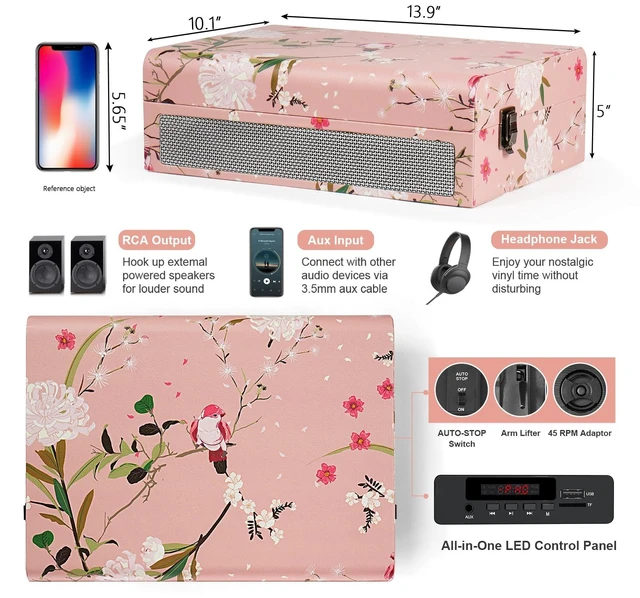 Alt view image 3 of 7 - Pink Record Player with Built-in Speakers, Vintage Floral Suitcase Vinyl Record Player 3-Speed (33/45/78 RPM), Belt-Driven Turntable with Headphone Jack/Aux in, Floral