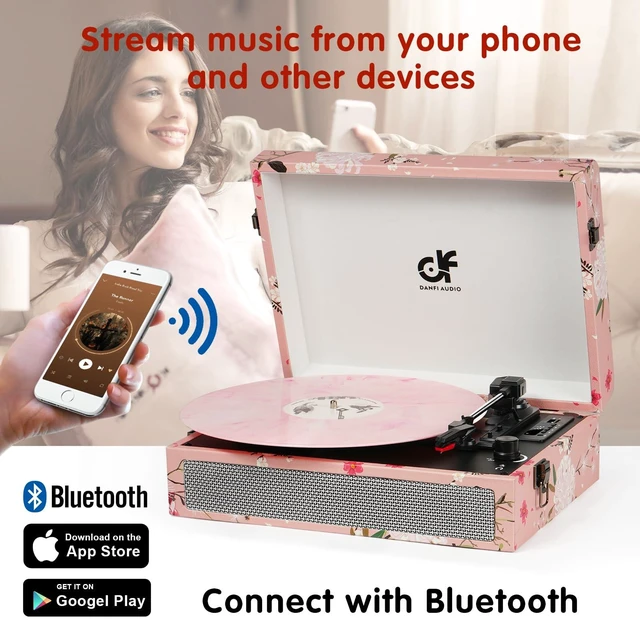 Alt view image 4 of 7 - Pink Record Player with Built-in Speakers, Vintage Floral Suitcase Vinyl Record Player 3-Speed (33/45/78 RPM), Belt-Driven Turntable with Headphone Jack/Aux in, Floral
