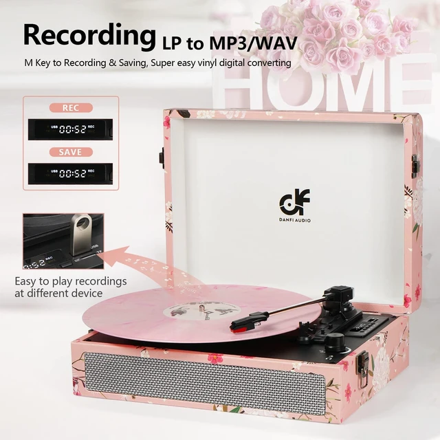 Alt view image 5 of 7 - Pink Record Player with Built-in Speakers, Vintage Floral Suitcase Vinyl Record Player 3-Speed (33/45/78 RPM), Belt-Driven Turntable with Headphone Jack/Aux in, Floral