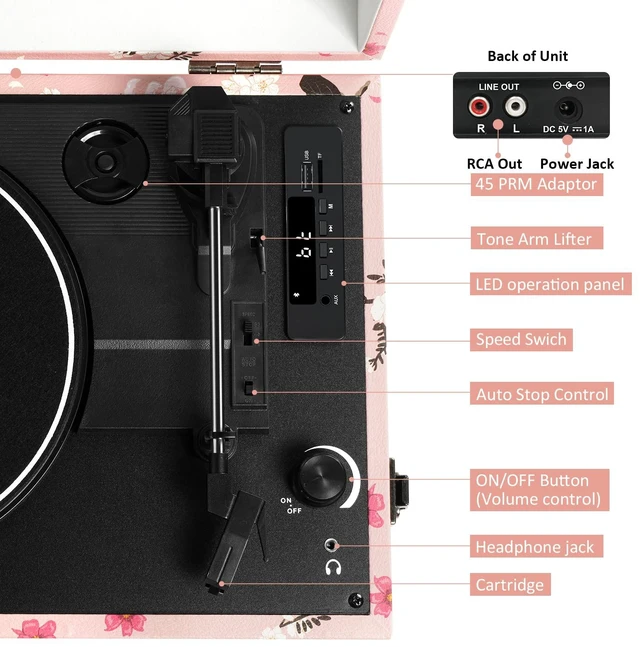Alt view image 6 of 7 - Pink Record Player with Built-in Speakers, Vintage Floral Suitcase Vinyl Record Player 3-Speed (33/45/78 RPM), Belt-Driven Turntable with Headphone Jack/Aux in, Floral