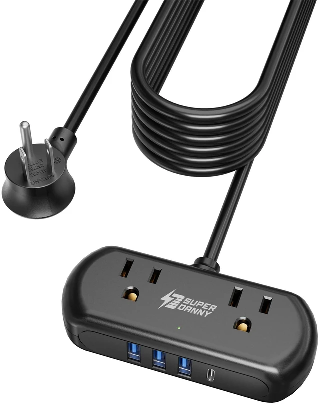 Main image of Mini Surge Protector, 2 Wide-Spaced Outlets Power Strip with USB 10ft Extension Cord, 3 USB-A & 1 USB-C, Flat Plug, Compact Size Desktop Charging Station Travel, Home, Office, Black