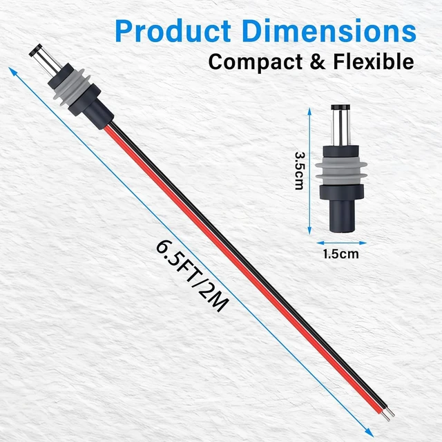 Alt view image 2 of 7 - 14AWG IP65 Waterproof Starlink Mini Power Extension Cable DC 5.5mm x 2.1mm Male Plug to Bare Wire Open End Power Supply Repair Cord,for RV Camping,Marine(6.5ft)