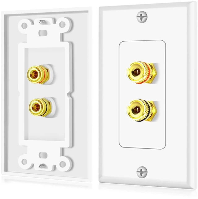 Main image of Home Theater Wall Plate - Banana Plug Wall Plate, 1 Speaker Wire Wall Plate with Gold-Plated Terminals, Single Gang Audio Wall Plate, in-Wall Surround Sound Connection Plates, White, 2 Pack