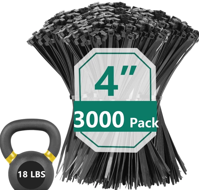 Main image of 3000 Pack 4 Inch Black Zip Ties,18 LBS Cable Ties,UV Resistant Nylon Wire Ties,Self-Locking Plastic Straps for Indoor&Outdoor Use