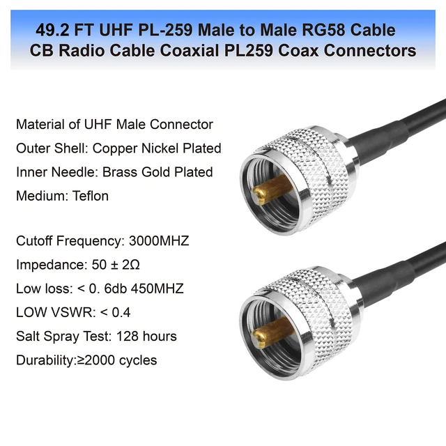 Alt view image 3 of 7 - RG58 Coax Cable - 49.2FT(15M) Low Loss UHF PL-259 Male to Male for CB, VHF, HF 50 ohm