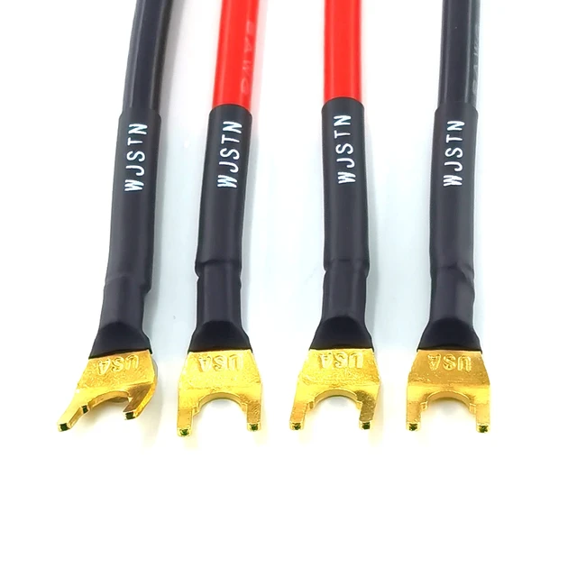 Alt view image 3 of 6 - Fork Spade Plug to Spade Plug Speaker Jumper Cable8AWG Y Plug to Y Plug Cable, for DIY Home Theater, Speaker etc 8in/4-Pack