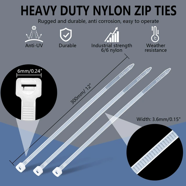 Alt view image 2 of 7 - 200PCS 12 Inch White Zip Ties Heavy Duty - Industrial 50 lbs Tensile Strength Clear Cable Ties, UV & Weather Resistant tie wraps, Self-Locking for Cable Management, Outdoor Use, and Home Organization