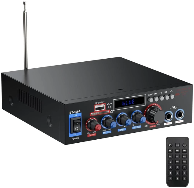 Main image of 800W Bluetooth 5.0 Stereo Audio Amplifier, 2 Channel Home Audio Receiver with FM Radio, USB, SD/TF Card, AUX, Dual Mic Inputs, HiFi Power Amplifier for Passive Speakers, Home Theater, Car Audio