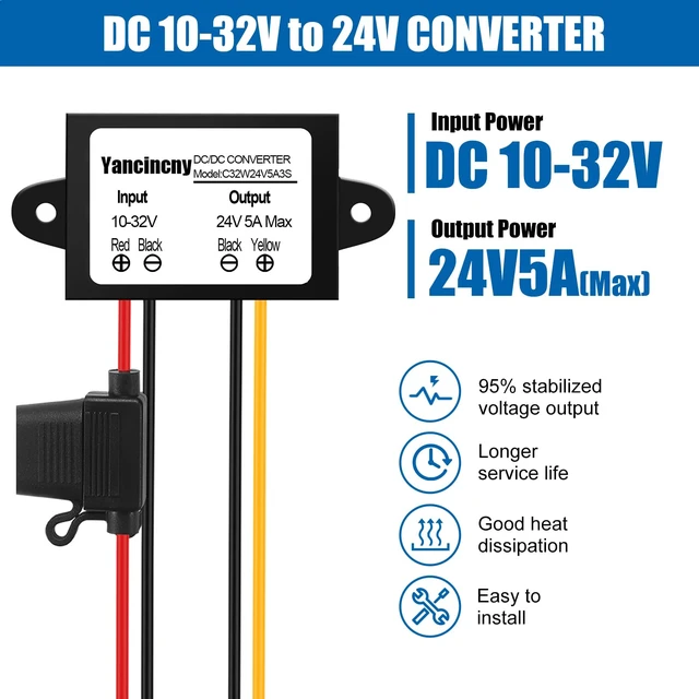 Alt view image 2 of 7 - 10-32V to 24V 5A DC DC Converter, 120W Waterproof with Over Current/Temperature Protection & Fuse, for 24V Lighting, CCTV Camera, Car Truck