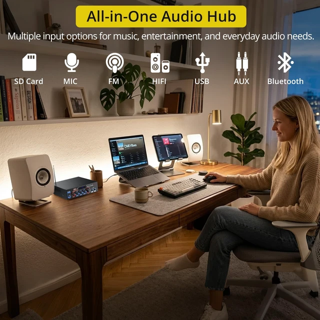 Alt view image 3 of 7 - 800W Bluetooth 5.0 Stereo Audio Amplifier, 2 Channel Home Audio Receiver with FM Radio, USB, SD/TF Card, AUX, Dual Mic Inputs, HiFi Power Amplifier for Passive Speakers, Home Theater, Car Audio