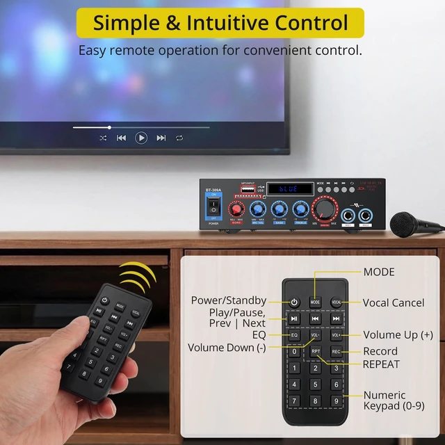 Alt view image 4 of 7 - 800W Bluetooth 5.0 Stereo Audio Amplifier, 2 Channel Home Audio Receiver with FM Radio, USB, SD/TF Card, AUX, Dual Mic Inputs, HiFi Power Amplifier for Passive Speakers, Home Theater, Car Audio