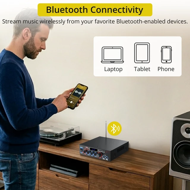 Alt view image 6 of 7 - 800W Bluetooth 5.0 Stereo Audio Amplifier, 2 Channel Home Audio Receiver with FM Radio, USB, SD/TF Card, AUX, Dual Mic Inputs, HiFi Power Amplifier for Passive Speakers, Home Theater, Car Audio