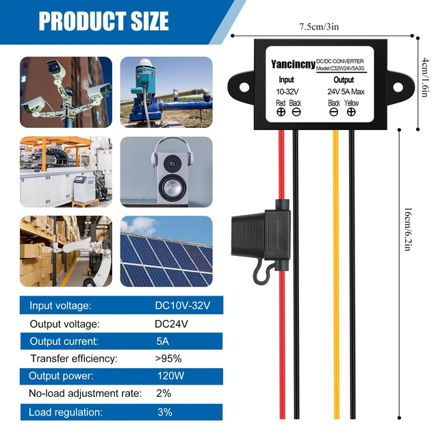 Alt view image 7 of 7 - 10-32V to 24V 5A DC DC Converter, 120W Waterproof with Over Current/Temperature Protection & Fuse, for 24V Lighting, CCTV Camera, Car Truck