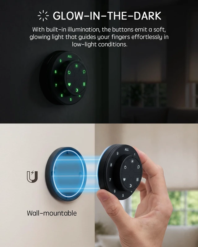 Alt view image 3 of 6 - 9-Channel Lightwirl Remote, Works with All Motorized Shades Seperate & Group Control, Favorite Position, Precise Adjustment, Compact, Screen-Free Design, Wall Mount or Handheld, Black