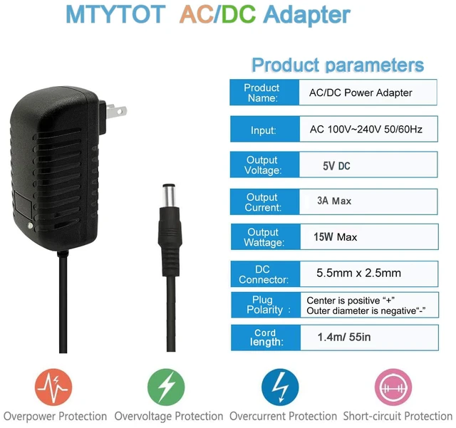 Alt view image 2 of 6 - 5V 3A DC Power Supply Adapter AC 100V~240V to DC 5Volt Power Supply 3A 15W Converter 5.5X 2.5mm Plug 5Volt 3Amp 2A 1A Power Adapter for 5V LED Lights Security Camera Security System (Pack of 2)