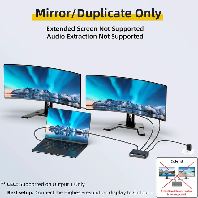 Alt view image 2 of 7 - 8K HDMI Splitter 1 in 2 Out (Mirror Only) HDMI 2.1 8K@60Hz, 4K@240Hz DSC 48Gbps, HDCP 2.3, EDID, Auto Downscaling, Duplicate Screens for Dual Monitors, TV, PS5, Xbox