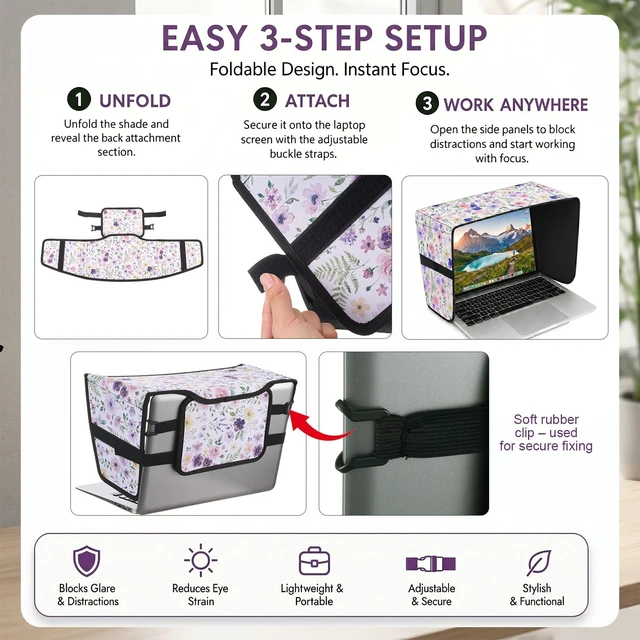 Alt view image 6 of 7 - Laptop Shade 13-14 Inch, Outdoor White Floral Pattern Foldable Sun Visor Blocks Glare, Protect Screen for Outdoor Work, Lightweight Anti-glare Hood, Portable Laptop Block