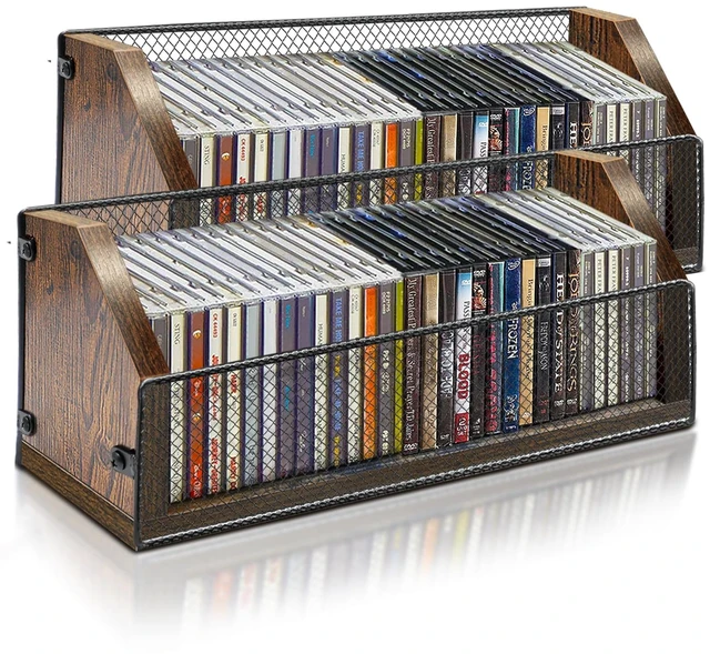 Main image of CD Storage Rack, Wooden CD Organizer Holds 64 CDs (32 Each), Retro CD Shelf for Desktop, Perfect for DVD, Blu ray & Video Game Cases, Space Saving