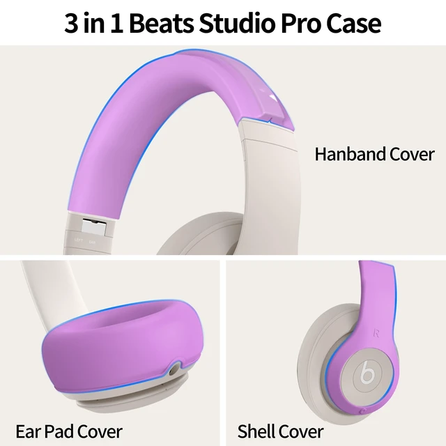 Alt view image 4 of 7 - Silicone Case for Beats Studio Pro - 3 in 1 Anti-Scratch Ear Pad, Headband & Shell Cover - Soft Silicone Skin Protector (Purple)