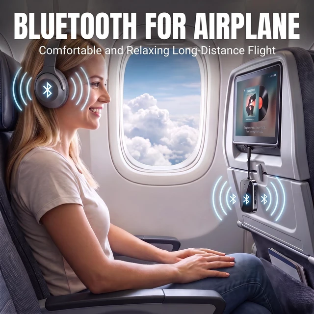 Alt view image 5 of 7 - Bluetooth 6.0 Transmitter Receiver, 2-in-1 Wireless Audio Adapter for Plane Low Latency Headphone Connector for TV, Airplane & Car, 3.5mm AUX Jack Bluetooth Transmitter