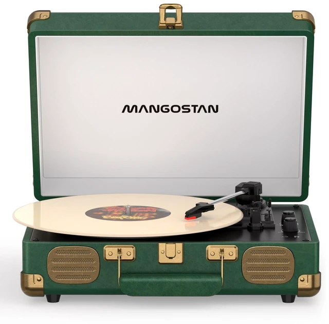Main image of Dark Green Bluetooth Suitcase Record Player, 3-Speed Turntable Premium PU leather design with 3-speed playback, Bluetooth, stereo speakers, and support for 33/45/78 RPM records