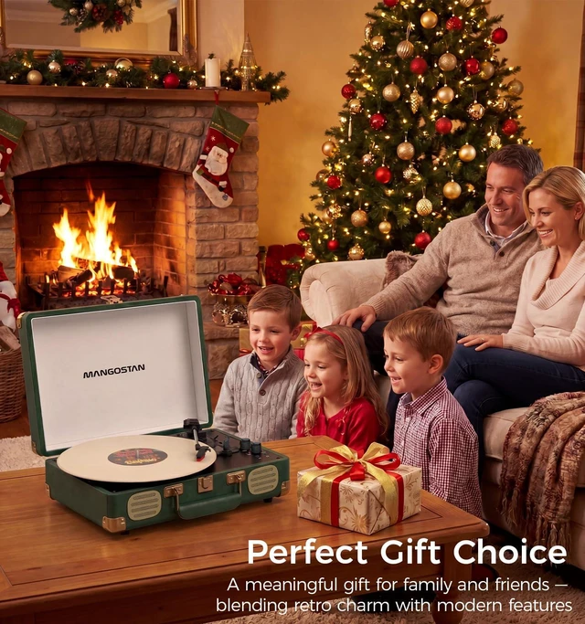 Alt view image 7 of 7 - Dark Green Bluetooth Suitcase Record Player, 3-Speed Turntable Premium PU leather design with 3-speed playback, Bluetooth, stereo speakers, and support for 33/45/78 RPM records