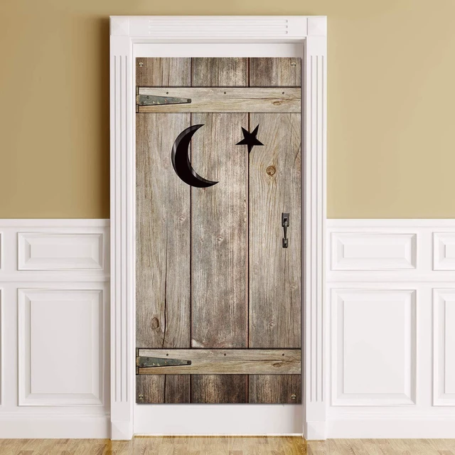 Main image of 2 Pcs Outhouse Door Cover, 6 Feet x 35 Inches, Rustic Western Decor Wild West Theme Backdrop, Vintage Wood Barn with Moon Star, Cowboy Rodeo Christmas Party, Rustic Farmhouse Bathroom Decor