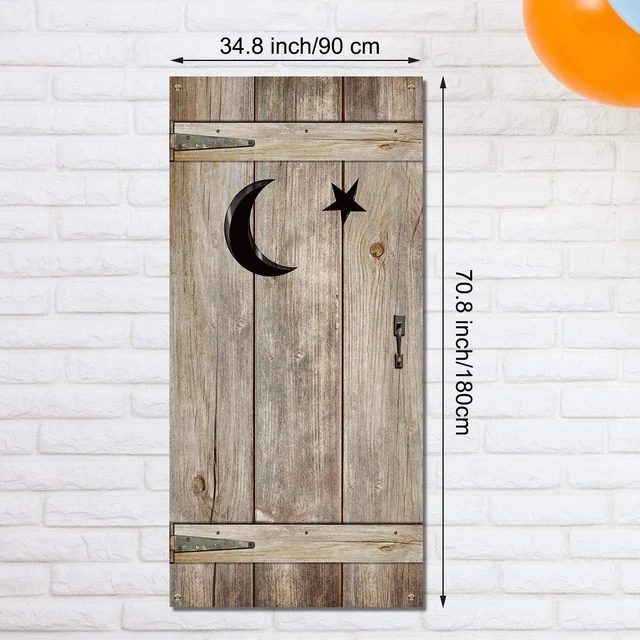 Alt view image 2 of 7 - 2 Pcs Outhouse Door Cover, 6 Feet x 35 Inches, Rustic Western Decor Wild West Theme Backdrop, Vintage Wood Barn with Moon Star, Cowboy Rodeo Christmas Party, Rustic Farmhouse Bathroom Decor