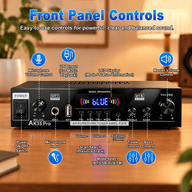 Alt view image 4 of 7 - AK35 Pro Bluetooth Stereo Amplifier, 2.0 Channel 300W Home Audio Receiver,Upgraded Audio ChipUSB/FM/AUX/RCA, Mic Input, Bass Treble Control, Remote