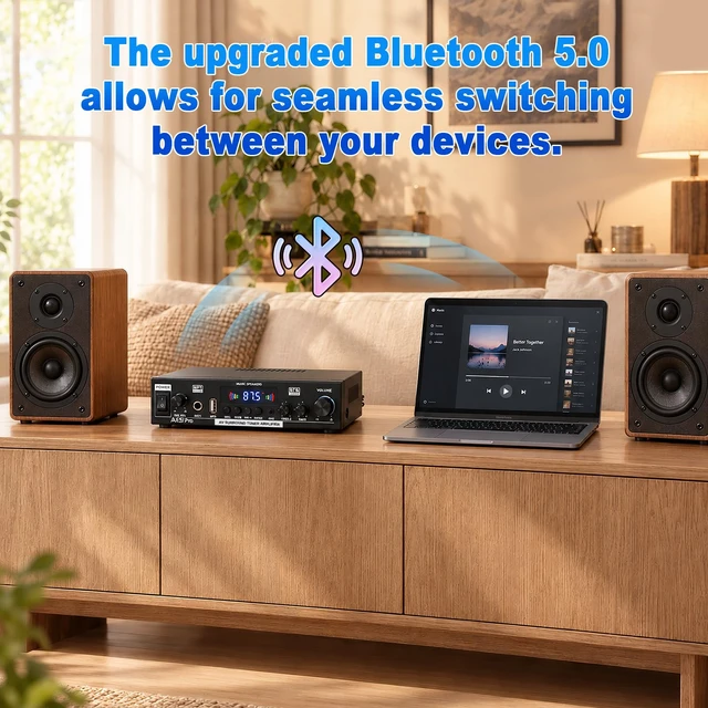 Alt view image 6 of 7 - AK35 Pro Bluetooth Stereo Amplifier, 2.0 Channel 300W Home Audio Receiver,Upgraded Audio ChipUSB/FM/AUX/RCA, Mic Input, Bass Treble Control, Remote