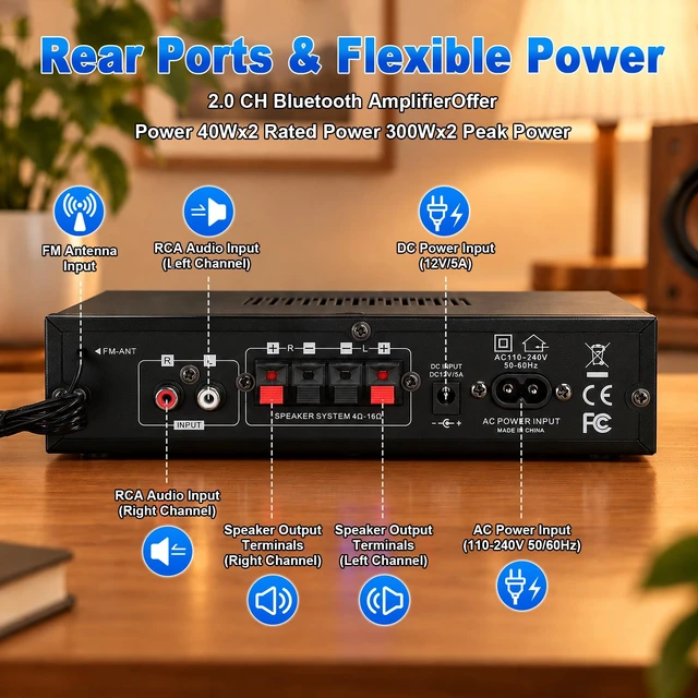 Alt view image 5 of 7 - AK35 Pro Bluetooth Stereo Amplifier, 2.0 Channel 300W Home Audio Receiver,Upgraded Audio ChipUSB/FM/AUX/RCA, Mic Input, Bass Treble Control, Remote