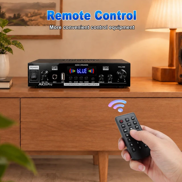 Alt view image 7 of 7 - AK35 Pro Bluetooth Stereo Amplifier, 2.0 Channel 300W Home Audio Receiver,Upgraded Audio ChipUSB/FM/AUX/RCA, Mic Input, Bass Treble Control, Remote