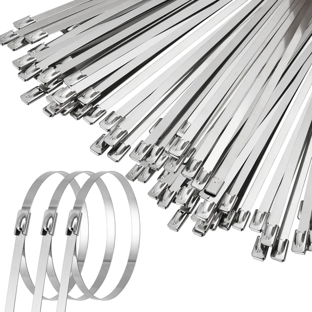 Main image of 200Pk Metal Zip Ties, 12 Inch Industrial Cable Ties, 270Lb Strength 304 Stainless Steel Tie Wraps, Rustproof Wire ties for Exhaust Wrap, Fence, Auto Repair, Outdoor