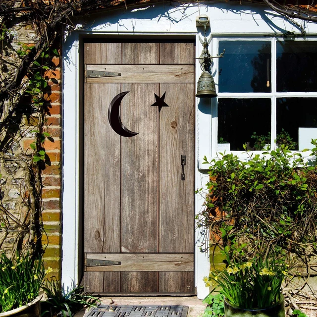 Alt view image 4 of 7 - 2 Pcs Outhouse Door Cover, 6 Feet x 35 Inches, Rustic Western Decor Wild West Theme Backdrop, Vintage Wood Barn with Moon Star, Cowboy Rodeo Christmas Party, Rustic Farmhouse Bathroom Decor