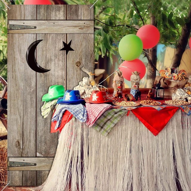 Alt view image 5 of 7 - 2 Pcs Outhouse Door Cover, 6 Feet x 35 Inches, Rustic Western Decor Wild West Theme Backdrop, Vintage Wood Barn with Moon Star, Cowboy Rodeo Christmas Party, Rustic Farmhouse Bathroom Decor