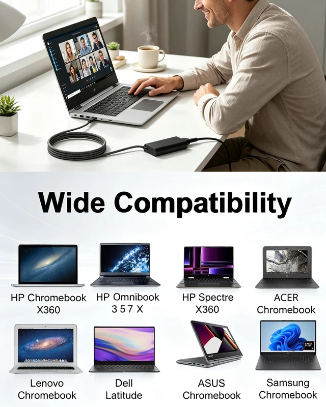 Alt view image 5 of 7 - 65W USB C Laptop Charger for HP OmniBook 3 5 7 X Flip 16" 14" 17.3" AI PC Compatible with HP Elitebook x360, Zbook, ProBook, Dragonfly, Spectre X360, Omnibook, Chromebook Fast Type C AC Power Adapter