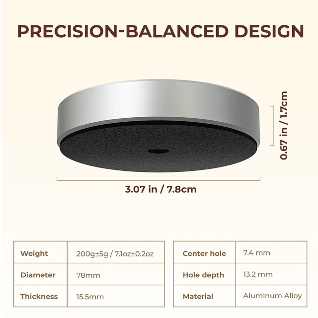 Alt view image 3 of 7 - Turntable-Safe 7.1±0.2 oz (200±5 g) Aluminum Record Weight Stabilizer Balanced Vinyl Record Weight, Low-Profile Design, Soft Velvet Felt Damping Base, Reduces Micro-Vibration & Resonance, Silver