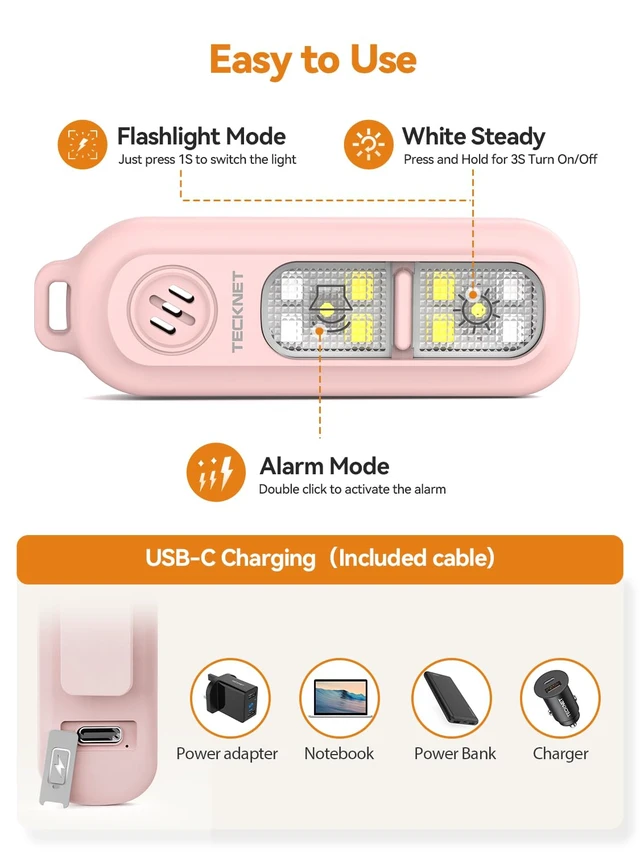 Alt view image 6 of 7 - Clip-On Personal Alarm with LED Light, USB-C Rechargeable, Pink 135dB Loud Siren with SOS Strobe Light, 4 Light Modes, Low Battery Alert, Portable with Keychain for Kids College Girls