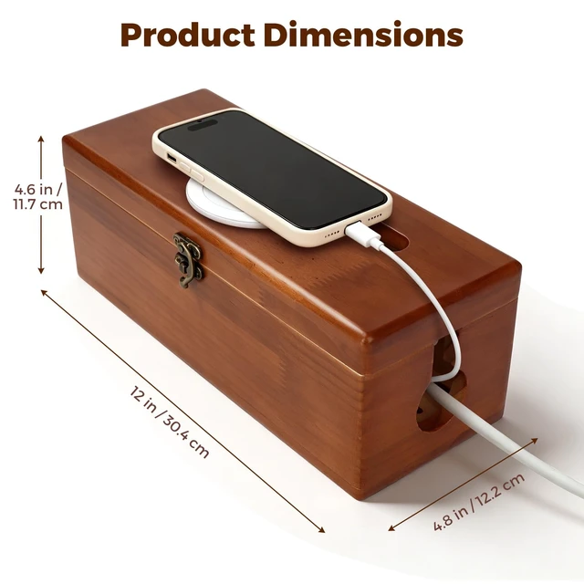 Alt view image 2 of 7 - Large Cable Management Box with Clasp, Soild Wood Cord Box with 4 Open Slots, Cable Box to Hide Cords and Power Strip