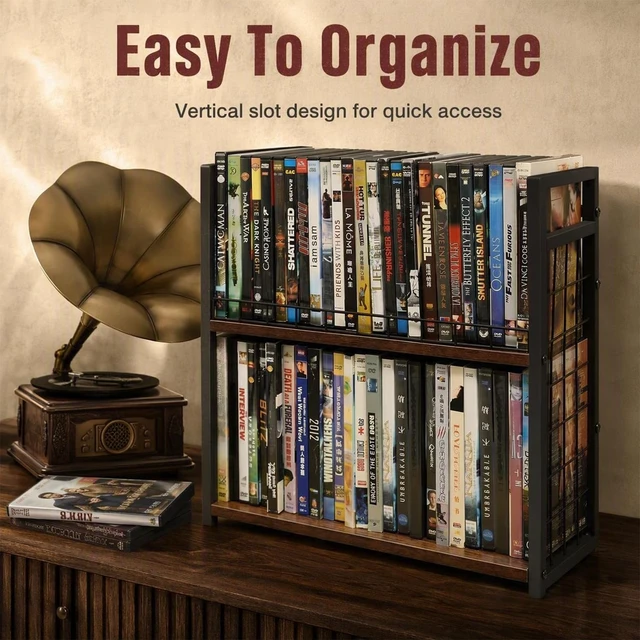 Alt view image 6 of 7 - 2-Tier DVD Storage Rack, Holds 48 Discs for Media Storage Game Disc Shelf for Blu-ray/Game Cases/Papers/Cards, Space-saving Desktop/Closet Stand